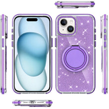 For iPhone 15 Case Magnetic Circle Stand Full Glitter Cover + 2 Tempered Glass