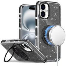 For iPhone 16 6.1inch Case Magnetic Circle Stand Full Glitter + Tempered Glass
