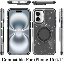 For iPhone 16 6.1inch Case Magnetic Circle Stand Full Glitter + Tempered Glass