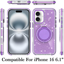 For iPhone 16 6.1inch Case Magnetic Circle Stand Full Glitter + Tempered Glass