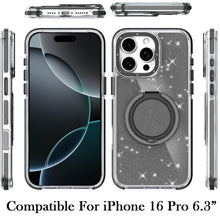 For iPhone 16 Pro 6.3in Case Magnetic Circle Stand Full Glitter + Tempered Glass