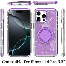 For iPhone 16 Pro 6.3in Case Magnetic Circle Stand Full Glitter + Tempered Glass