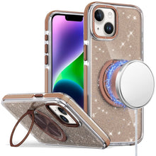 For iPhone 13/14 Case Magnetic Circle Metal Stand Full Glitter + Tempered Glass
