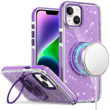 For iPhone 13/14 Case Magnetic Circle Metal Stand Full Glitter + Tempered Glass