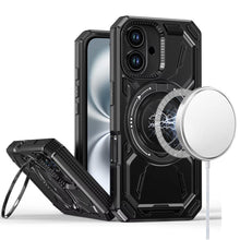 For iPhone 16 Plus 6.7in Case Magnetic Circle Metal 360 Stand + Tempered Glass