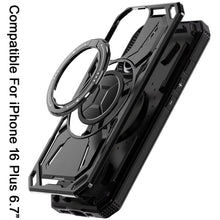 For iPhone 16 Plus 6.7in Case Magnetic Circle Metal 360 Stand + Tempered Glass