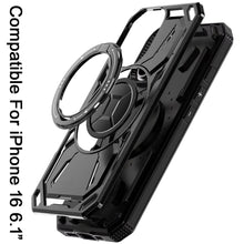 For iPhone 16 6.1inch Case Magnet Circle Metal Stand Shockproof + Tempered Glass