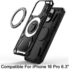 For iPhone 16 Pro 6.3in Case Magnetic Circle Metal Stand Rugged + Tempered Glass