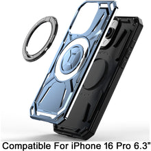 For iPhone 16 Pro 6.3in Case Magnetic Circle Metal Stand Rugged + Tempered Glass