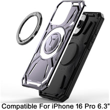 For iPhone 16 Pro 6.3in Case Magnetic Circle Metal Stand Rugged + Tempered Glass