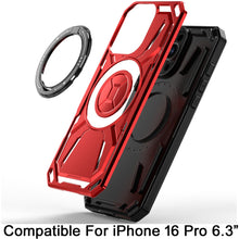 For iPhone 16 Pro 6.3in Case Magnetic Circle Metal Stand Rugged + Tempered Glass