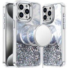 For iPhone 15 Pro Max Case Feathers Glitter Magnetic Circle + 2 Tempered Glass
