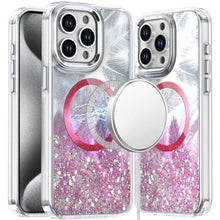 For iPhone 15 Pro Max Case Feathers Glitter Magnetic Circle + 2 Tempered Glass