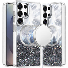 For Samsung S25 Ultra Case Feathers Glitter Magnetic Circle + Tempered Glass