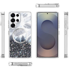 For Samsung S25 Ultra Case Feathers Glitter Magnetic Circle + Tempered Glass