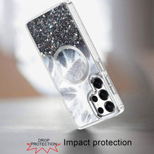 For Samsung S25 Ultra Case Feathers Glitter Magnetic Circle + Tempered Glass