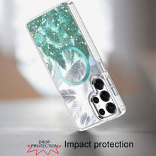 For Samsung S25 Ultra Case Feathers Glitter Magnetic Circle + Tempered Glass