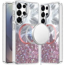For Samsung S25 Ultra Case Feathers Glitter Magnetic Circle + Tempered Glass