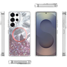 For Samsung S25 Ultra Case Feathers Glitter Magnetic Circle + Tempered Glass