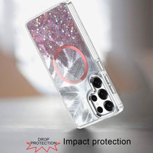 For Samsung S25 Ultra Case Feathers Glitter Magnetic Circle + Tempered Glass