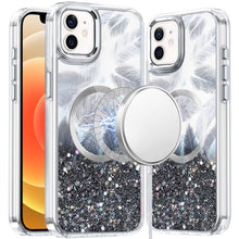 For iPhone 12, 12 Pro Case Feathers Glitter Magnetic Circle + Tempered Glass