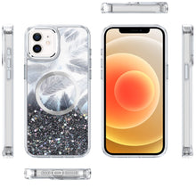 For iPhone 12, 12 Pro Case Feathers Glitter Magnetic Circle + Tempered Glass