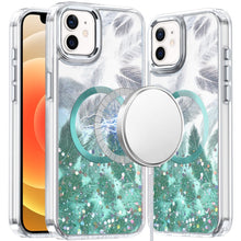 For iPhone 12, 12 Pro Case Feathers Glitter Magnetic Circle + Tempered Glass