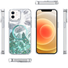 For iPhone 12, 12 Pro Case Feathers Glitter Magnetic Circle + Tempered Glass