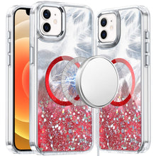 For iPhone 12, 12 Pro Case Feathers Glitter Magnetic Circle + Tempered Glass