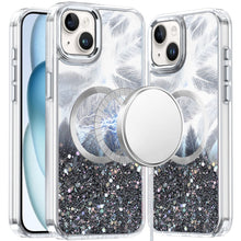 For iPhone 15 Case Feathers Fused Glitter Magnetic Circle + 2 Tempered Glass