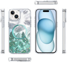 For iPhone 15 Case Feathers Fused Glitter Magnetic Circle + 2 Tempered Glass