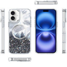 For iPhone 17 Case Epoxy Feathers and Glitter Magnetic Circle + Tempered Glass