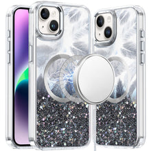 For iPhone 13/14 Case Feathers Fused Glitter Magnetic Circle + Tempered Glass
