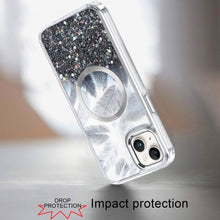 For iPhone 13/14 Case Feathers Fused Glitter Magnetic Circle + Tempered Glass