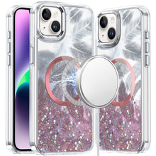 For iPhone 13/14 Case Feathers Fused Glitter Magnetic Circle + Tempered Glass