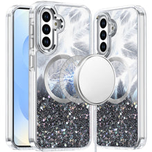 For Samsung S25/S24 Case Feathers Epoxy Glitter Magnetic Circle + Tempered Glass