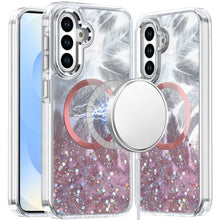 For Samsung S25/S24 Case Feathers Epoxy Glitter Magnetic Circle + Tempered Glass