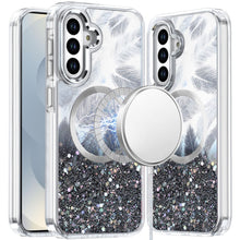 For Samsung S26 6.3" Case Feathers Glitter Magnetic Circle + Tempered Glass