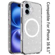 For iPhone 16 6.1inch Case Magnetic Circle Glitter Translucent + Tempered Glass