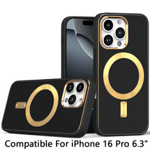 For iPhone 16 Pro 6.3in Case Magnetic Circle Vegan Leather Cover +Tempered Glass
