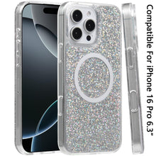 For iPhone 16 Pro 6.3in Case Magnet Circle Premium Full Glitter + Tempered Glass