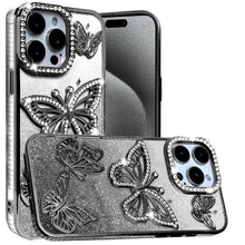 For iPhone 15 Pro Max Case Bling Butterflies 3D Glitter Cover + 2 Tempered Glass