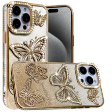 For iPhone 15 Pro Max Case Bling Butterflies 3D Glitter Cover + 2 Tempered Glass