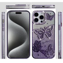 For iPhone 15 Pro Max Case Bling Butterflies 3D Glitter Cover + 2 Tempered Glass