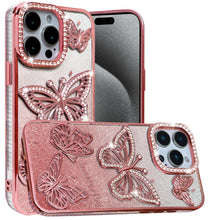 For iPhone 15 Pro Max Case Bling Butterflies 3D Glitter Cover + 2 Tempered Glass