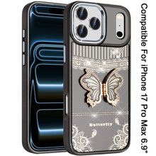 For iPhone 17 Pro Max Case 3D Butterfly Bling Charm Stand Cover + Tempered Glass