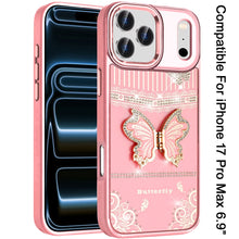 For iPhone 17 Pro Max Case 3D Butterfly Bling Charm Stand Cover + Tempered Glass