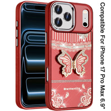 For iPhone 17 Pro Max Case 3D Butterfly Bling Charm Stand Cover + Tempered Glass