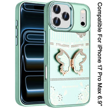 For iPhone 17 Pro Max Case 3D Butterfly Bling Charm Stand Cover + Tempered Glass