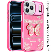 For iPhone 17 PRO Case w/ 3D Butterfly Bling Charm Stand Cover + Tempered Glass